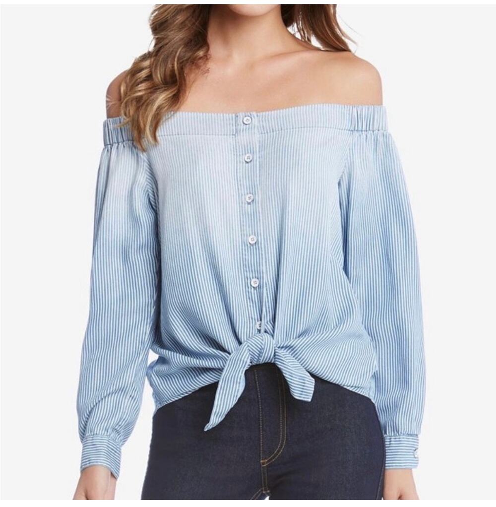 Fifteen Twenty Chambray Off the Shoulder Tie Front Top Blue Ombre Stripe